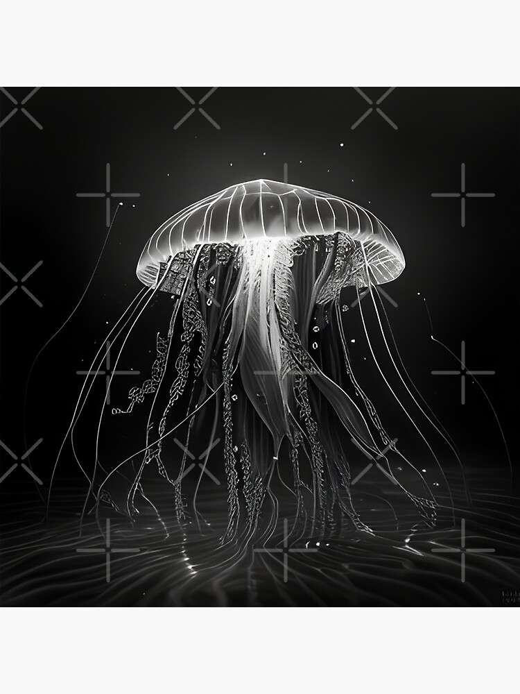 Jellyfish Art Print, White Charcoal Drawing, Ocean Art, Sea