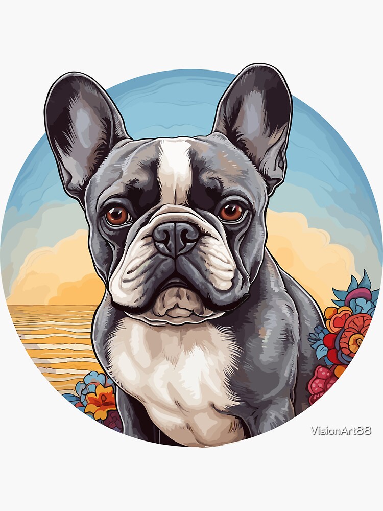 Preppy French bulldogs and palm leaves on hot pink Sticker for Sale by  SophieClimaArt