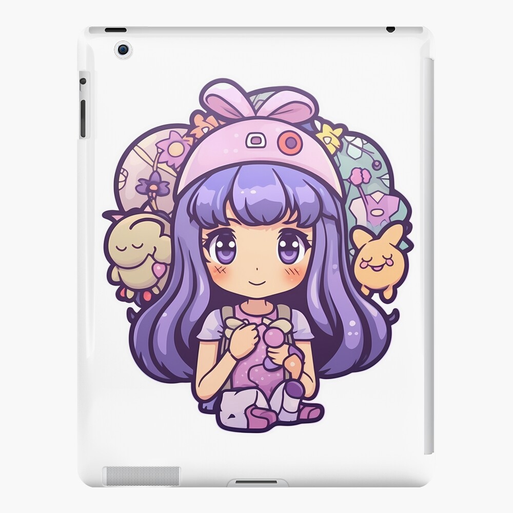 Cute anime girl with purple hair and kawaii charcters. Japanese cartoon girl.