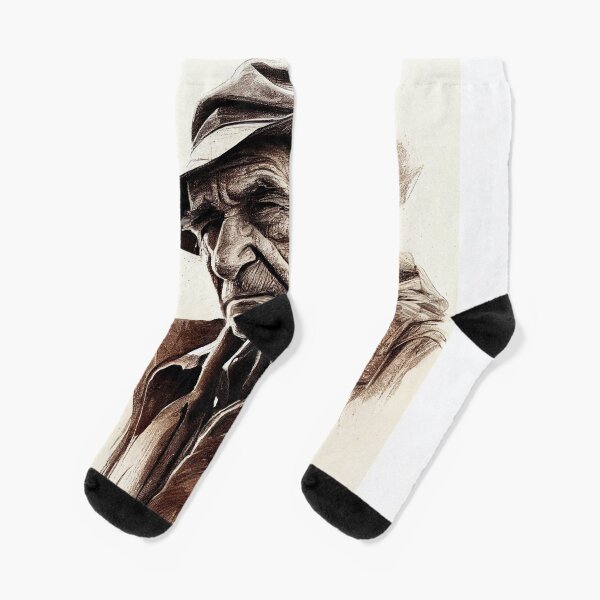 Rugged Old Man Charcoal Painting Socks