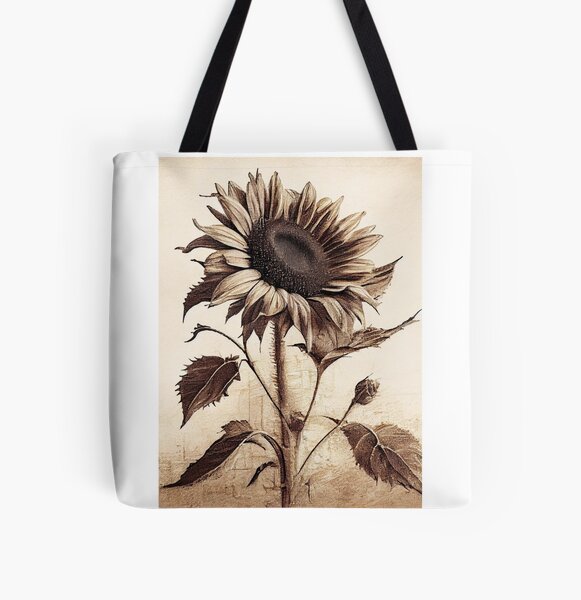 Vintage Sunflower Charcoal Drawing All Over Print Tote Bag
