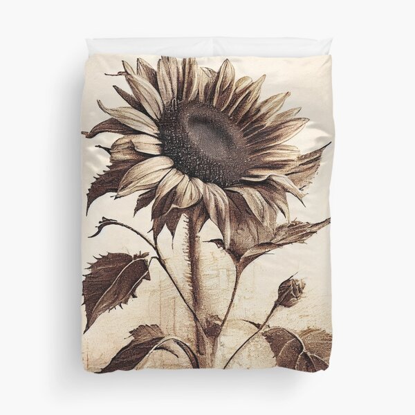Vintage Sunflower Charcoal Drawing Duvet Cover