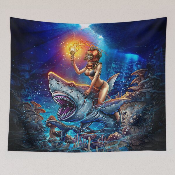 Item preview, Diver girl retro and angry shark #1 designed and sold by Winya.