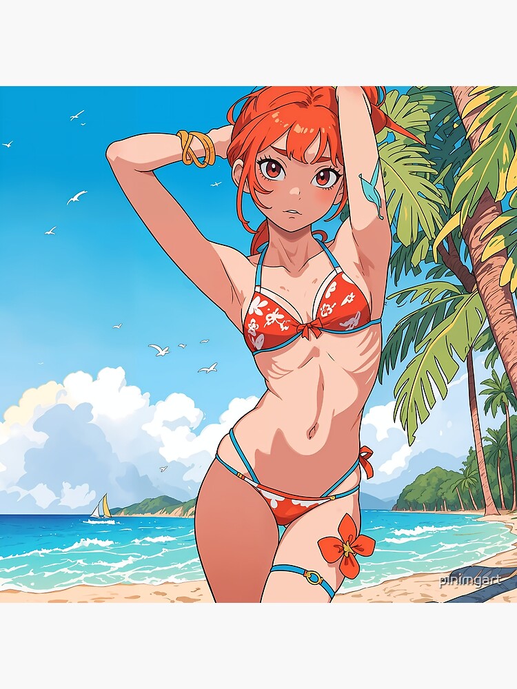 Sunset Glow - Anime Girl in Orange Bikini on the Beach Pillow for