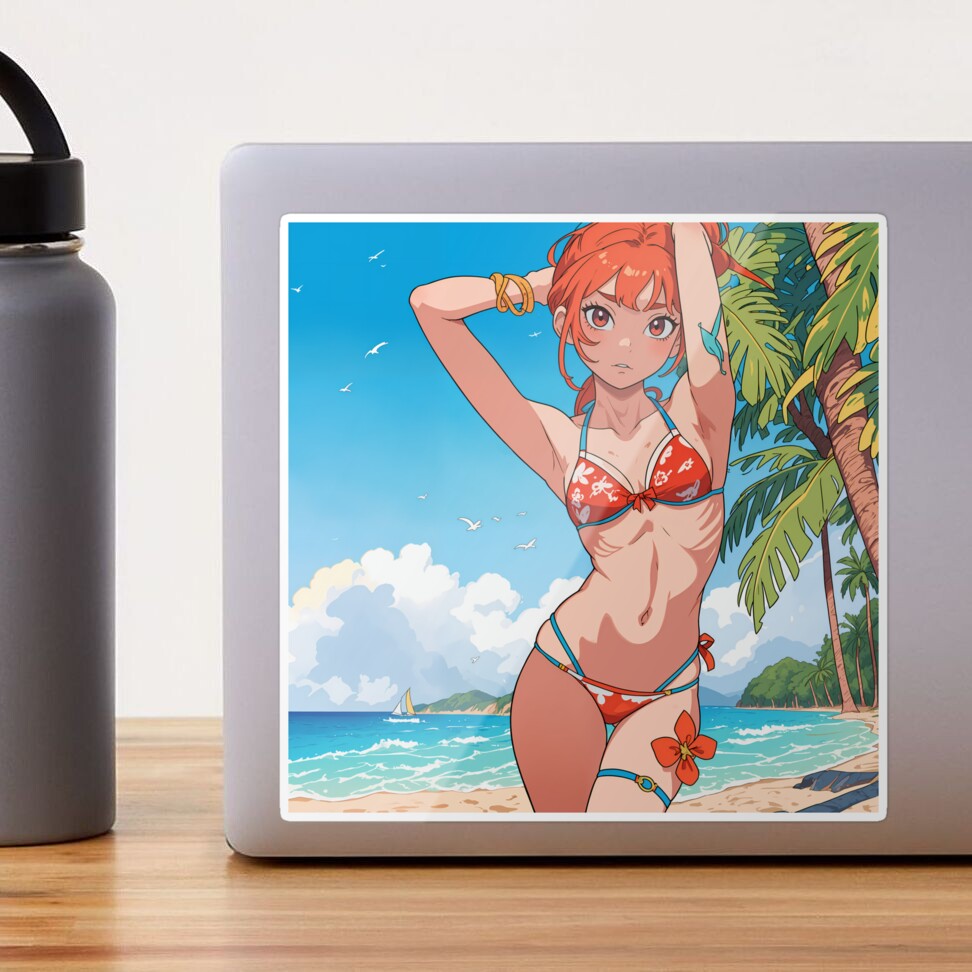 Sunset Glow - Anime Girl in Orange Bikini on the Beach Sticker