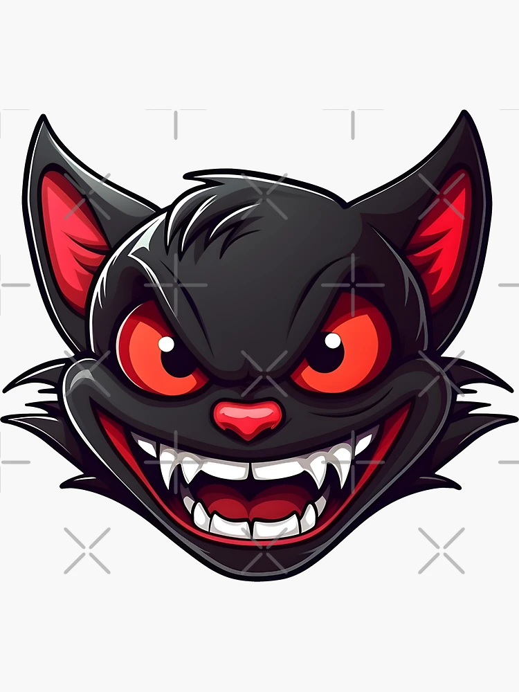 Devil cat - Evil cat - Black cat - Red eyes - Sharp fangs - Black fur -  Pointy ears | Sticker