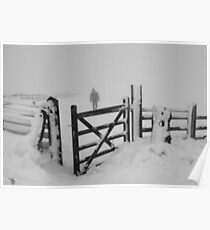 snow coverd landscape and a passing walker Poster
