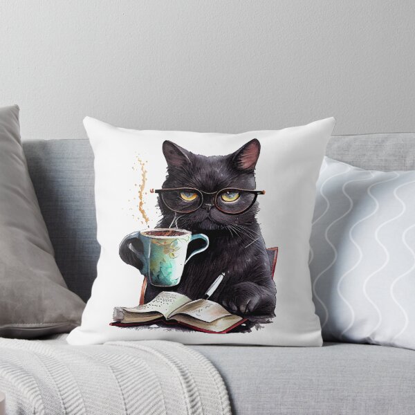 Artikelvorschau, Schwarze Katze liest Buch und trinkt Tee/Kaffee entworfen und verkauft von Melissify.