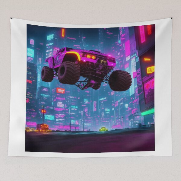 Item preview, Cyber Monster: Witness the power of a neon-lit monster truck tearing through a futuristic city. designed and sold by RedArtG09.