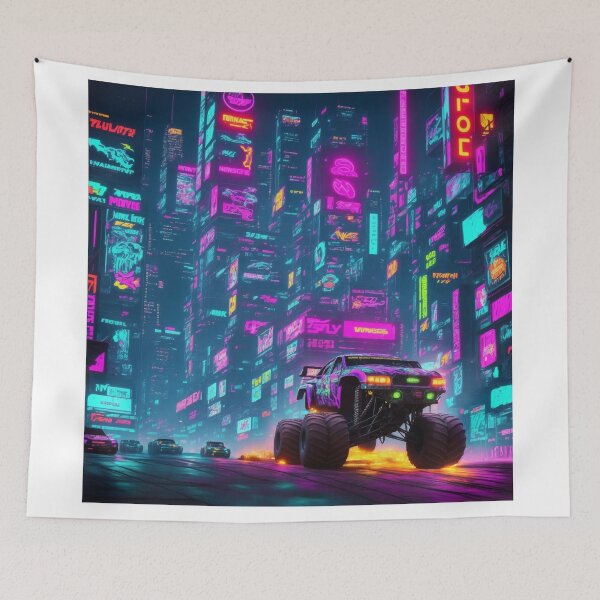 Item preview, Futuristic Fury: Brace yourself for an epic showdown as a monster truck battles through a cyberpunk metropolis. designed and sold by RedArtG09.