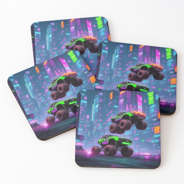 Item preview, City of Monsters: Enter a cyberpunk realm where a neon-lit monster truck reigns supreme in the cityscape. designed and sold by RedArtG09.