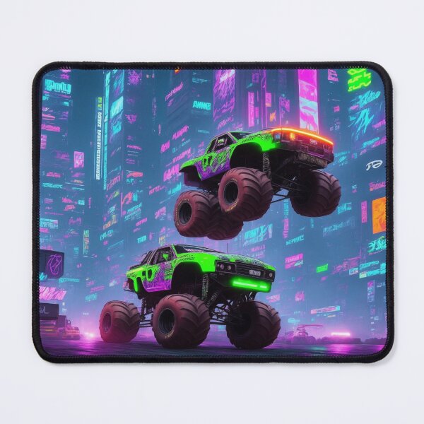 Item preview, City of Monsters: Enter a cyberpunk realm where a neon-lit monster truck reigns supreme in the cityscape. designed and sold by RedArtG09.