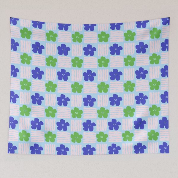 Item preview, Green and Blue on Pastel Blue Geometric Floral Blockprint designed and sold by springstdesign.