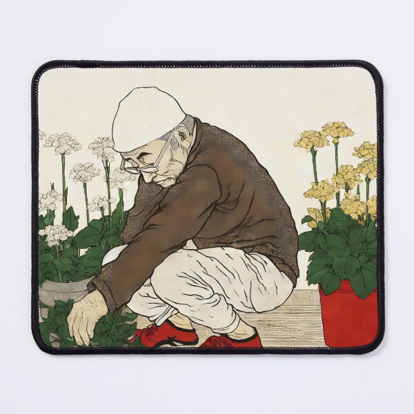 Item preview, Elderly Asian man plants flowers in pots designed and sold by KristinaNEL.