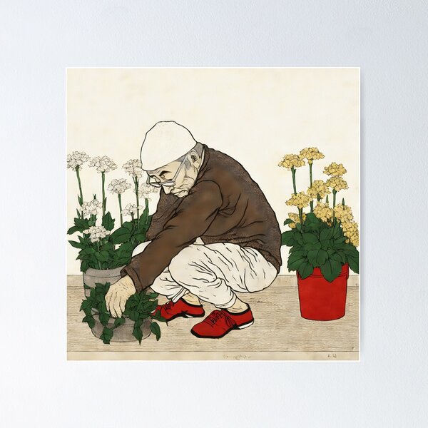 Item preview, Elderly Asian man plants flowers in pots designed and sold by KristinaNEL.