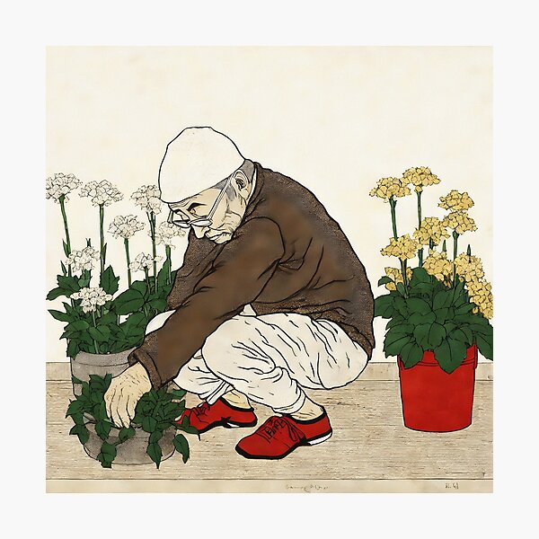 Item preview, Elderly Asian man plants flowers in pots designed and sold by KristinaNEL.
