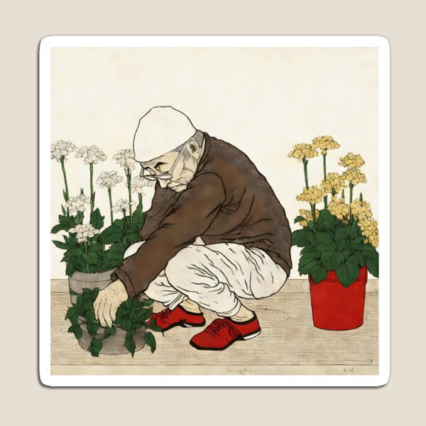 Item preview, Elderly Asian man plants flowers in pots designed and sold by KristinaNEL.