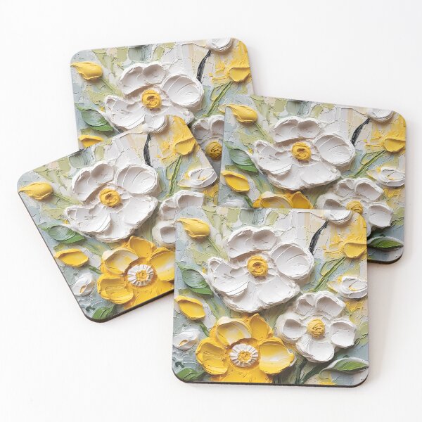 Item preview, Yellow and white flowers artistic texture impasto brush strokes abstract decorative painting designed and sold by UnaWu533.