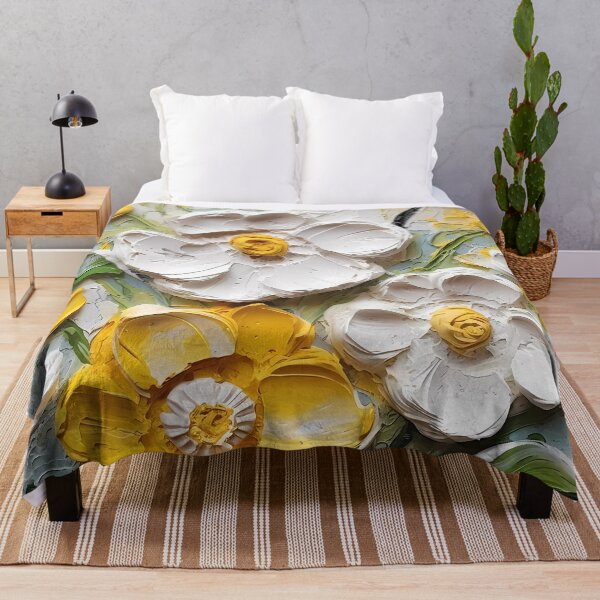 Item preview, Yellow and white flowers artistic texture impasto brush strokes abstract decorative painting designed and sold by UnaWu533.
