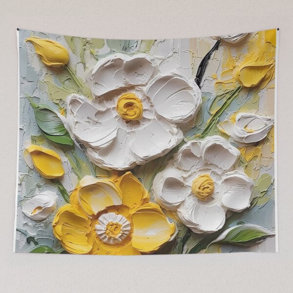 Item preview, Yellow and white flowers artistic texture impasto brush strokes abstract decorative painting designed and sold by UnaWu533.
