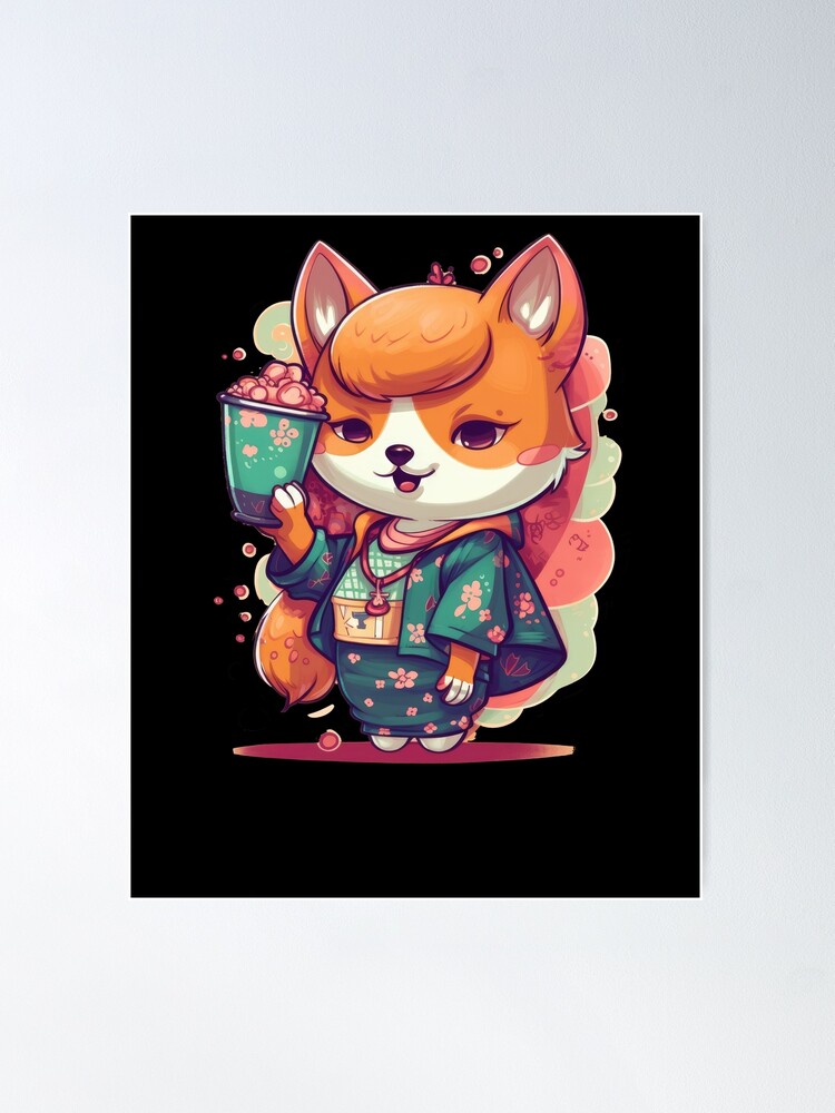 Japanese dog Shiba Inu girl popcorn kimono Poster by Naohiro