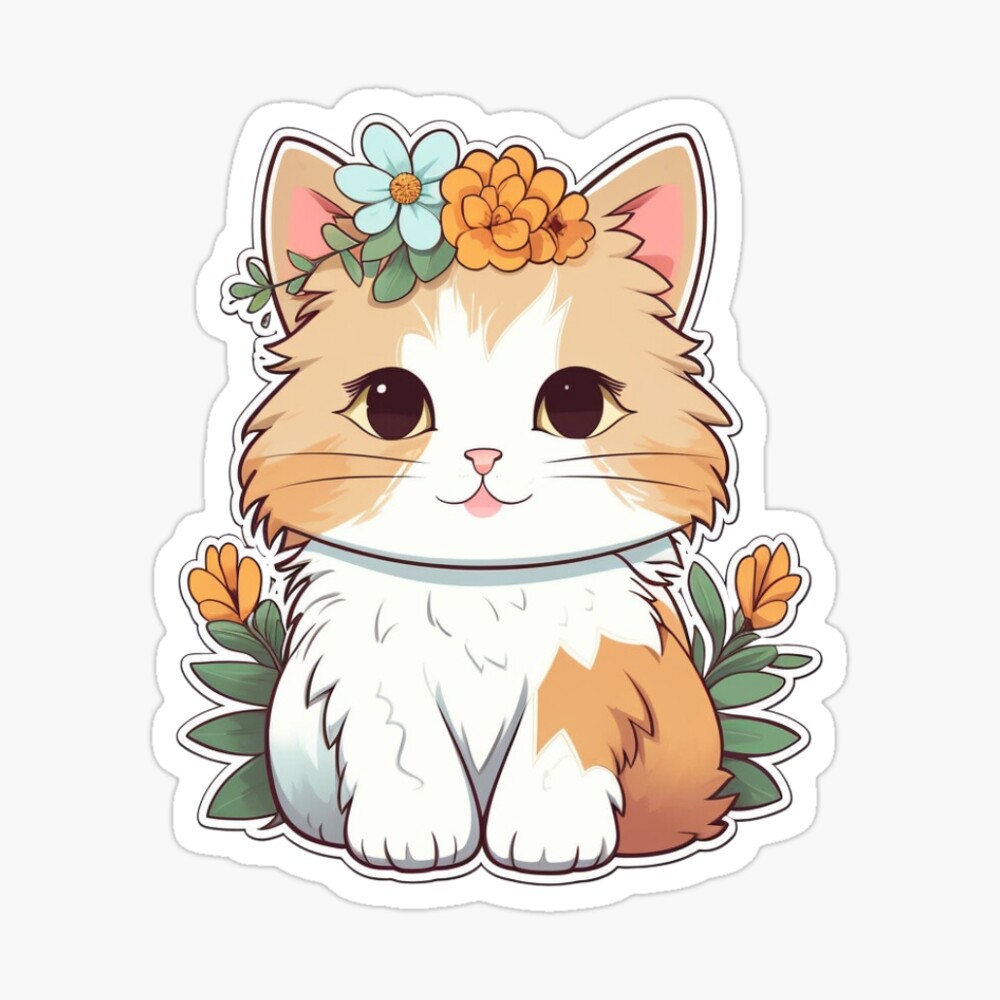 Cute cat with flowers, pet, floral stickers, cat stickers Sticker by  Dgitart