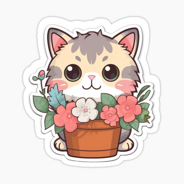 Cute cat with flowers, pet, floral stickers, cat stickers Sticker by  Dgitart