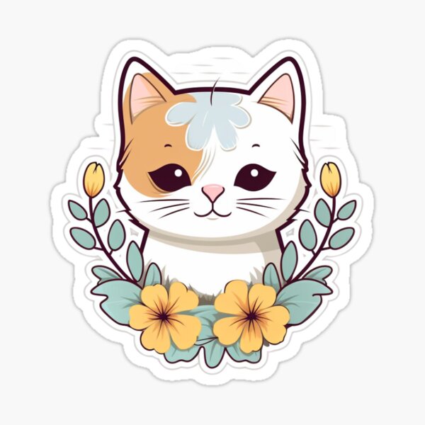 Cute cat with flowers, pet, floral stickers, cat stickers Sticker by  Dgitart