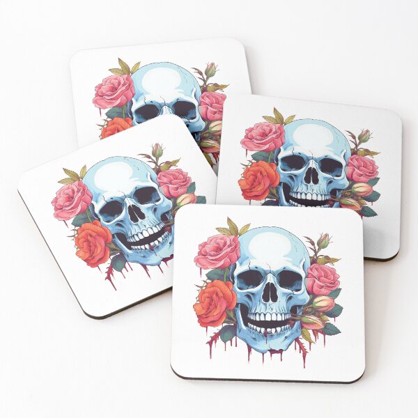 Aperçu de l'œuvre Crâne bleu avec roses rouges créée et vendue par TheBlackPixelCo.