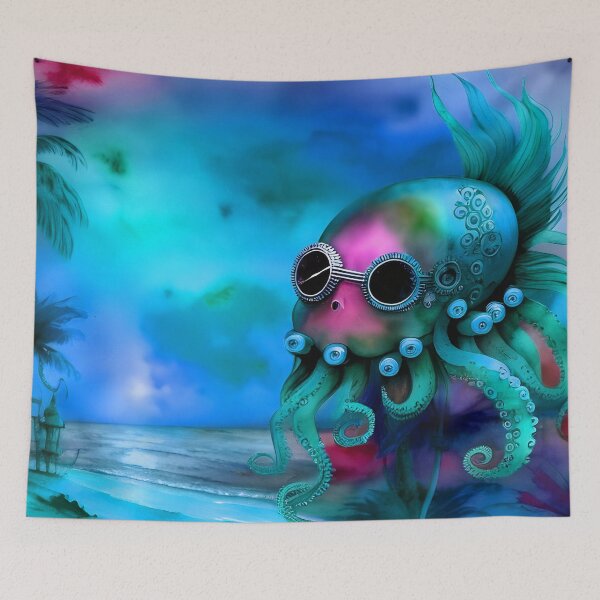 Item preview, Retro Futuristic Octopus - Blue Moonlight Beach Scene - AI Generated Art 2 of 8 designed and sold by Beachy.