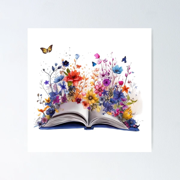 Aesthetic open book design with flowers Poster for Sale by