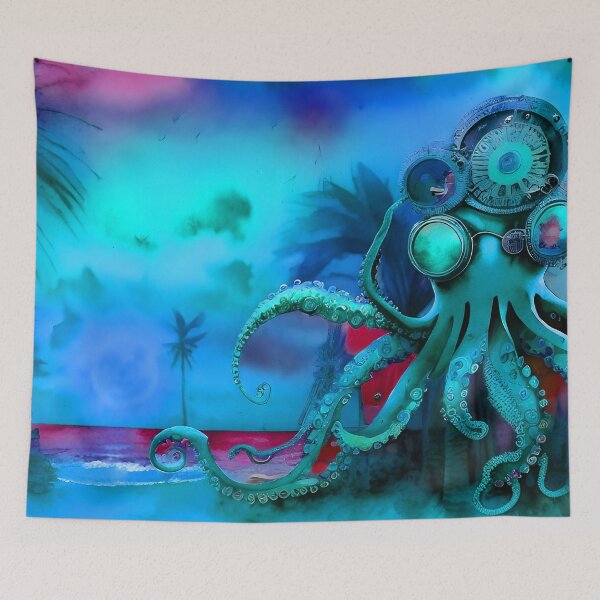 Item preview, Retro Futuristic Octopus - Blue Moonlight Beach Scene - AI Generated Art 4 of 8 designed and sold by Beachy.