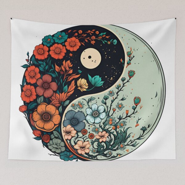 Item preview, Yin yang symbol with black, red, green colour tones decorated with flowers designed and sold by VeronicArt85.
