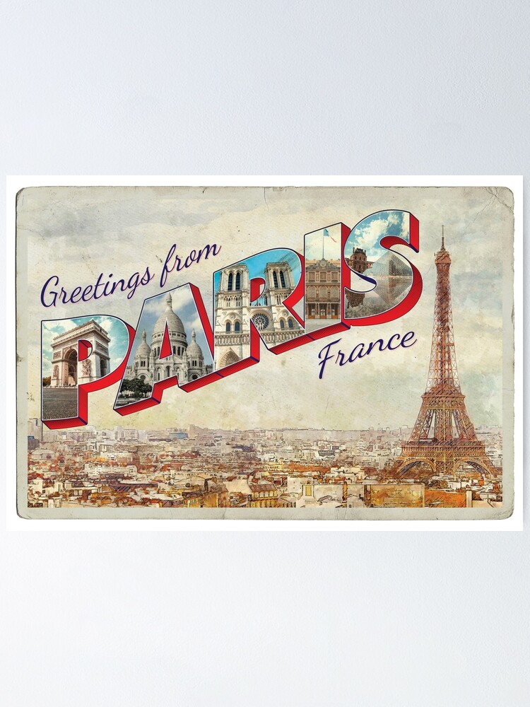 Greetings from Paris in France Vintage style retro souvenir
