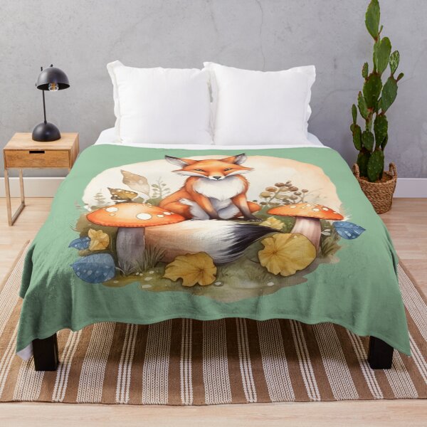 Item preview, A forest fox sitting with toadstool mushrooms leaves designed and sold by theforestfairy.