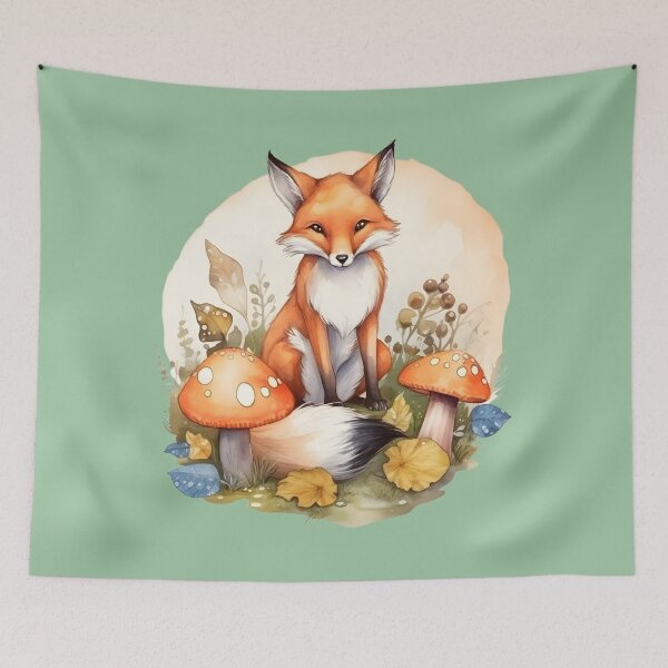 Item preview, A forest fox sitting with toadstool mushrooms leaves designed and sold by theforestfairy.