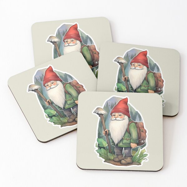 Item preview, Gnome hiking in the woods with a mushroom walking stick designed and sold by theforestfairy.