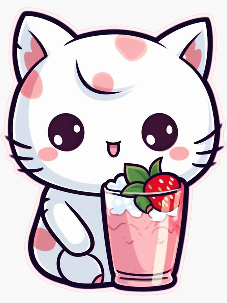 Cute Kawaii Cat in Anime Style in a Glass of Strawberry Cocktail