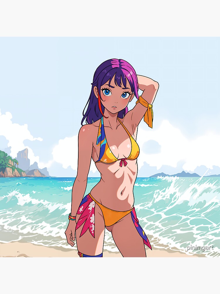 Mystic Sunset Purple Anime Girl in Orange Bikini Sticker