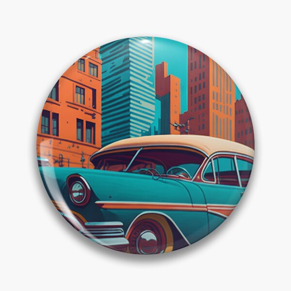 Item preview, A vibrant retrostyle cityscape with a vintage car park. designed and sold by Everyday Oddities.