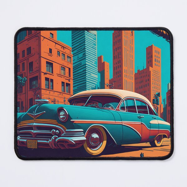 Artikelvorschau, Ein lebendiges Stadtbild im Retrostil mit einem Oldtimer-Parkplatz. entworfen und verkauft von Everyday Oddities.