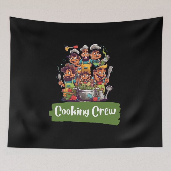 Item preview, "Cooking Crew" - A fun and colorful design with cartoon characters of various kitchen utensils, showcasing the teamwork and camaraderie in the kitchen. designed and sold by Bee Happy Creative™.