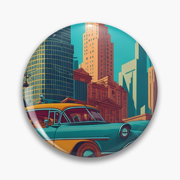 Item preview, A vibrant retrostyle cityscape with a vintage car park. designed and sold by Everyday Oddities.