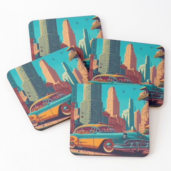 Item preview, A vibrant retrostyle cityscape with a vintage car park. designed and sold by Everyday Oddities.