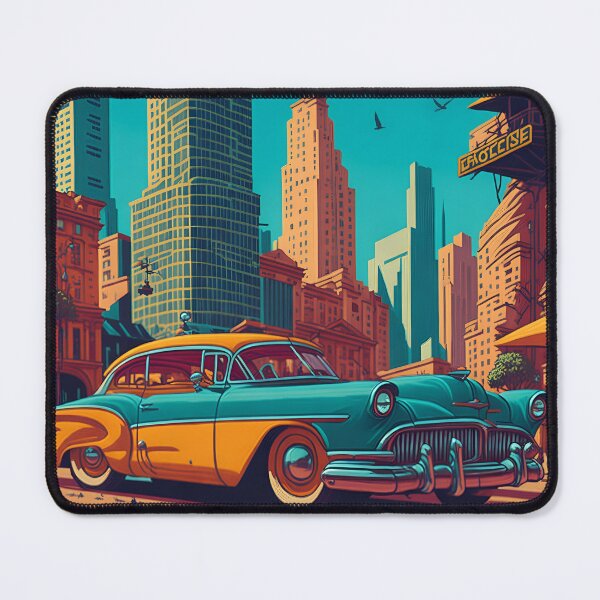 Artikelvorschau, Ein lebendiges Stadtbild im Retrostil mit einem Oldtimer-Parkplatz. entworfen und verkauft von Everyday Oddities.