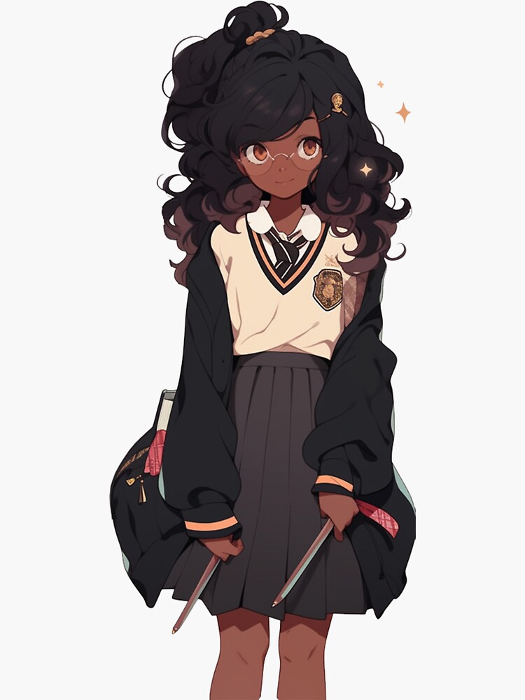 Illustration of a dark-skinned anime girl with glasses and curly hair