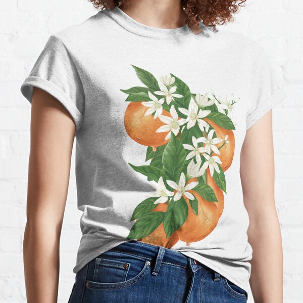 Hand-drawn of half and full oranges with orange flowers and leaves. Classic T-Shirt