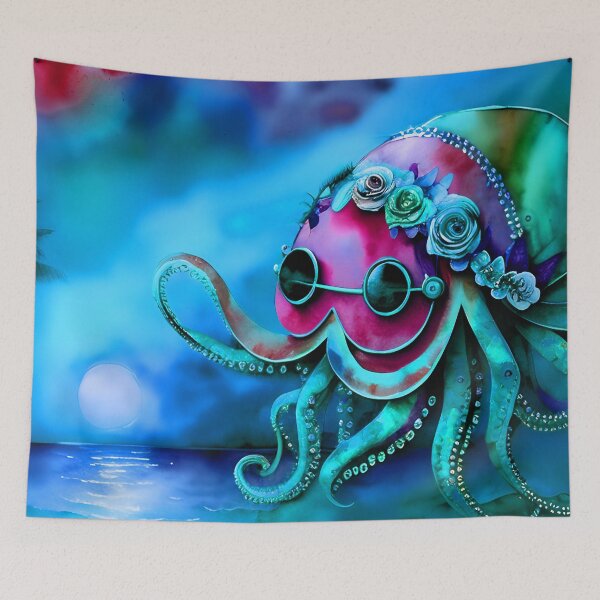 Item preview, Retro Futuristic Octopus - Blue Moonlight Beach Scene - AI Generated Art 6 of 8 designed and sold by Beachy.