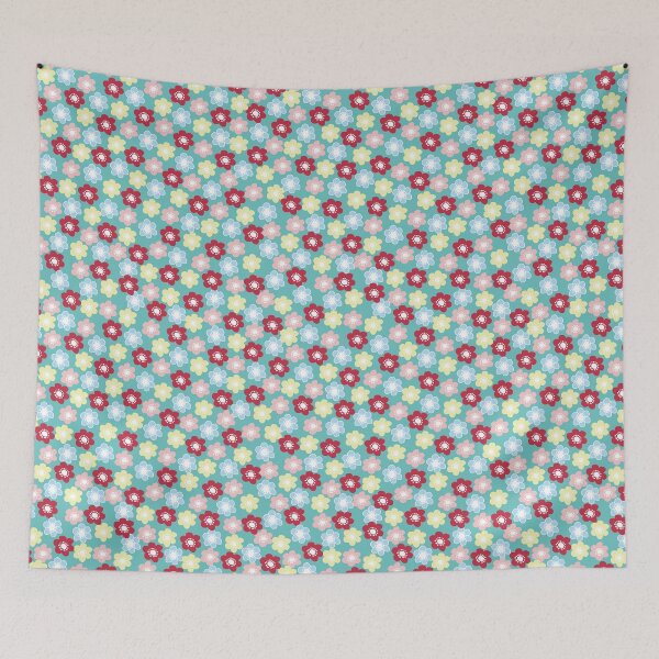 Item preview, Retro Flower Power Ditsy Floral Design in Turquoise, Pink, Blue and Yellow designed and sold by HugsAndPrints.