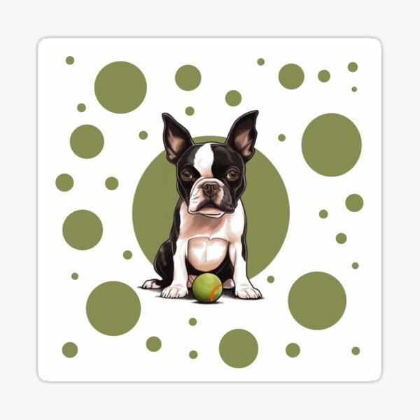 Polkadot Boston Terrier with Ball Olive Green Sticker